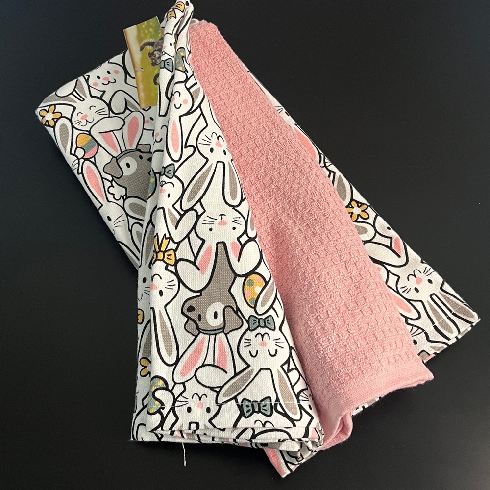 NWT  set 3  kitchen towels Cute Bunny Print Fabric